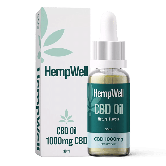 HempWell 1000mg CBD Oil bottle with natural flavour, 30ml size, and accompanying box.