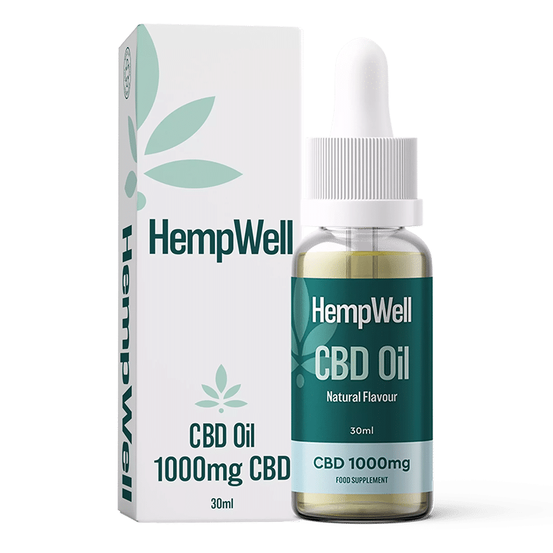 HempWell 1000mg CBD Oil bottle with natural flavour, 30ml size, and accompanying box.