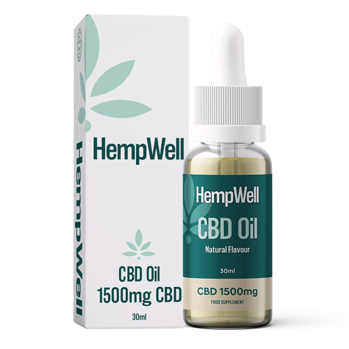 HempWell 1500mg CBD Oil Natural Flavour broad-spectrum supplement with dropper for accurate dosing.