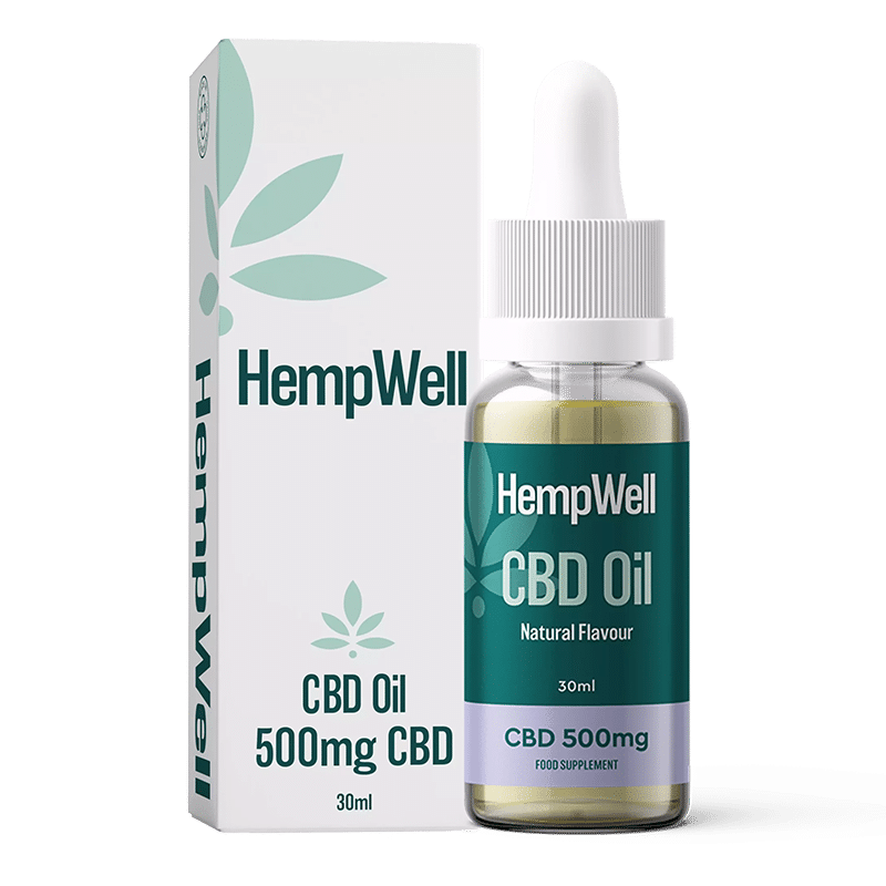 HempWell 500mg CBD Oil in natural flavour, 30ml bottle with packaging, ideal for precise and easy CBD dosage.