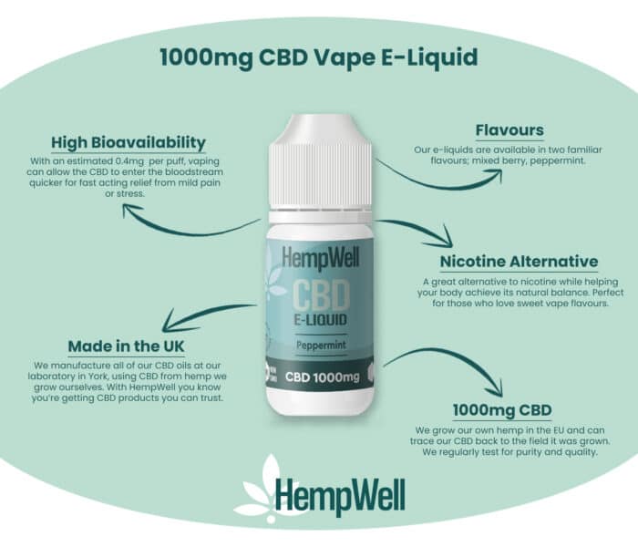 HempWell 1000mg CBD Vape E-Liquid Peppermint – High bioavailability, nicotine alternative, made in the UK