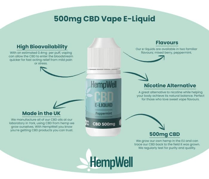 HempWell 500mg CBD Vape E-Liquid Peppermint – High bioavailability, nicotine alternative, and made in the UK