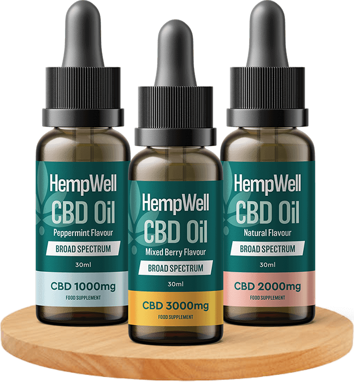 HempWell Broad Spectrum CBD Oil in 1000mg Peppermint, 2000mg Natural, and 3000mg Mixed Berry flavours