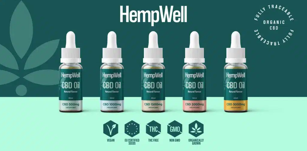 HempWell CBD Oil range in natural flavour, including 500mg, 1000mg, 1500mg, 2000mg, and 3000mg strengths.