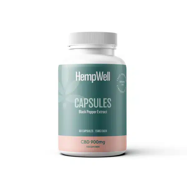 HempWell Vegan CBD Gel Capsules 900mg with Black Pepper Extract – 60 capsules, 15mg each