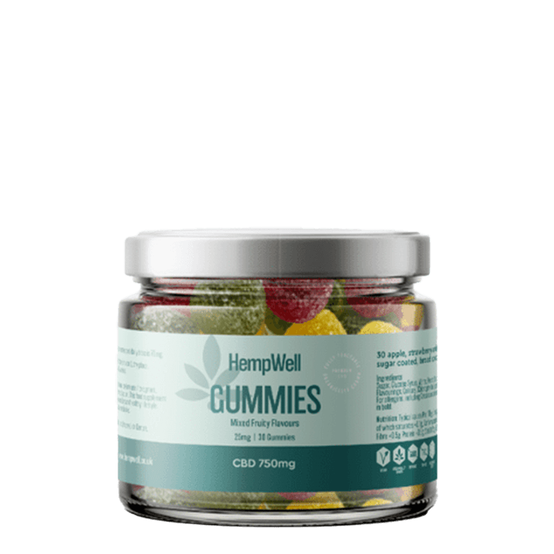 HempWell CBD Gummies 750mg jar with mixed fruity flavours, containing 30 gummies with 25mg of CBD each.